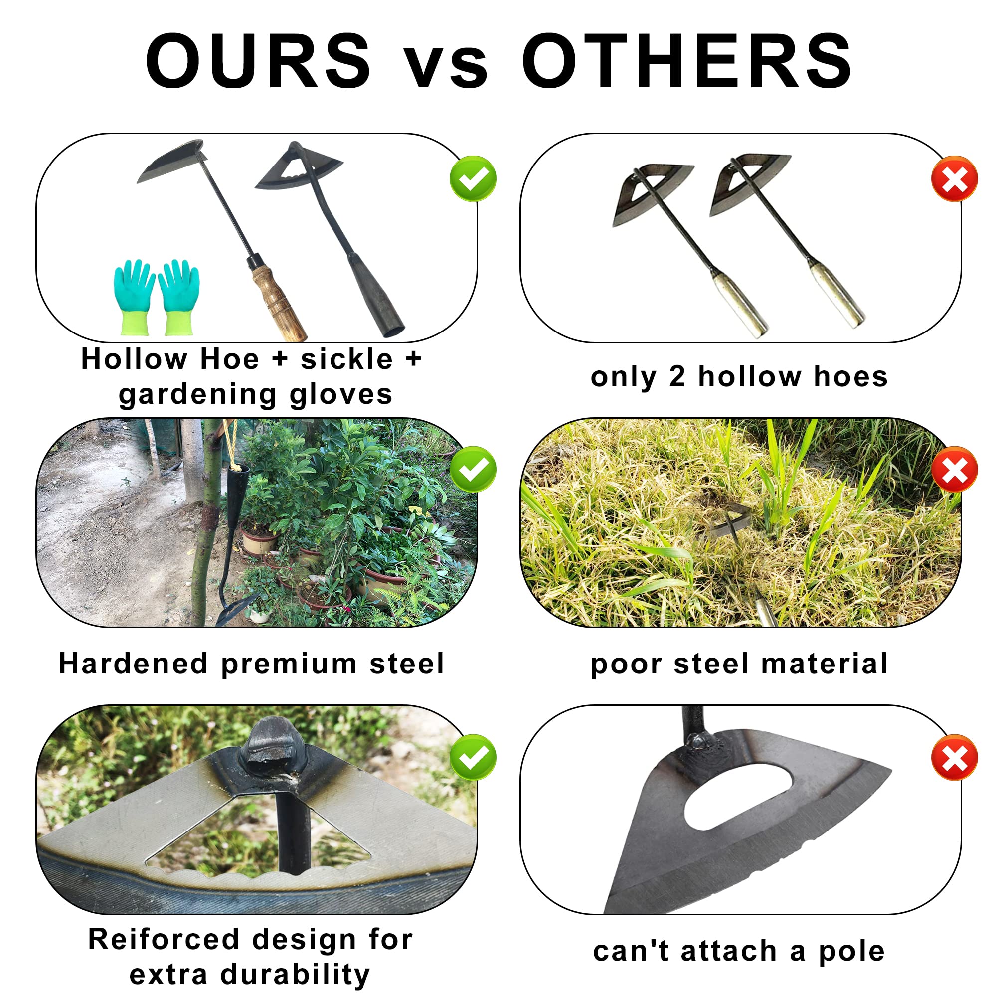 **Premium Gardening Tool Set - Heavy Duty Weeder, Garden Hoe & Weed Removal Tool with Sharp Blade - Includes Quick Weeder & Durable Gardening Gloves (Hollow Hoe + Weeding Sickle) - Perfect for Lawn Care, Flower Beds & Vegetable Gardens**
