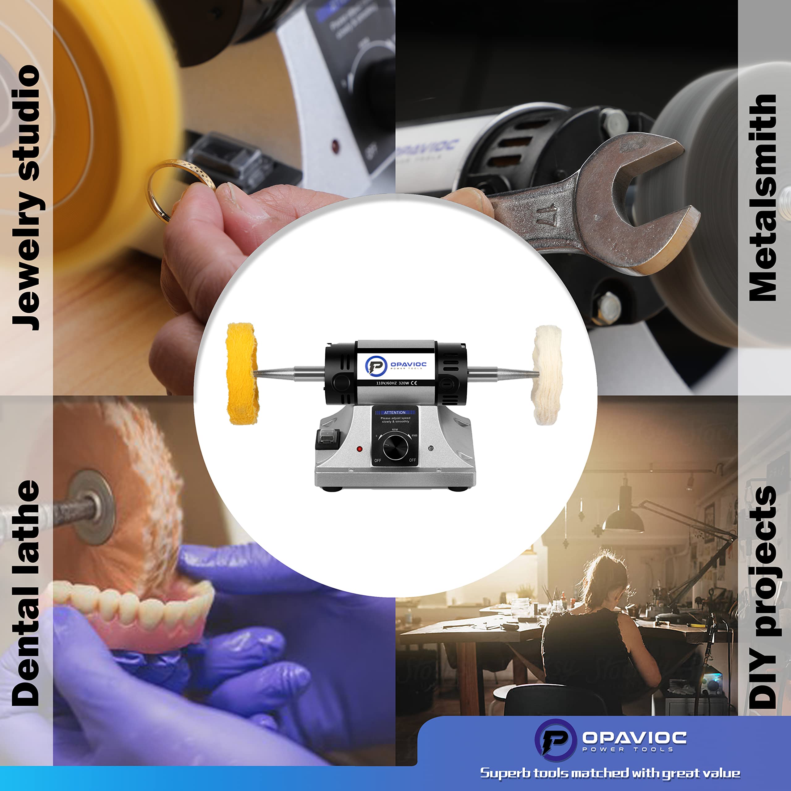 Professional Jewelry Polishing Machine - Adjustable Speed Bench Grinder for Buffing & Polishing with 6 Cloth Wheels & 2 Abrasive Fiber Wheels - Perfect for Jewelry Making, Dental Tools, Metal Craft & DIY Projects - Includes Safety Glasses & Polish Compound