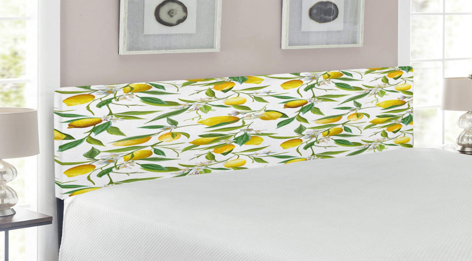 Ambesonne King Size Upholstered Headboard with Memory Foam - Floral Lemon Citrus Design in Fern Green, Yellow & White | Decorative Metal Bed Frame for Modern Bedroom, Guest Room & Master Suite