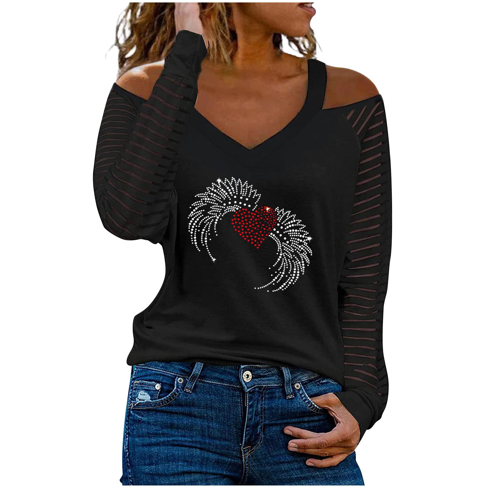 Women's Cold Shoulder Graphic T-Shirts - Long Sleeve Mesh Tops with Rhinestone & Diamond Details | Casual Blouses for Fall | Perfect for Parties, Date Nights & Office Wear