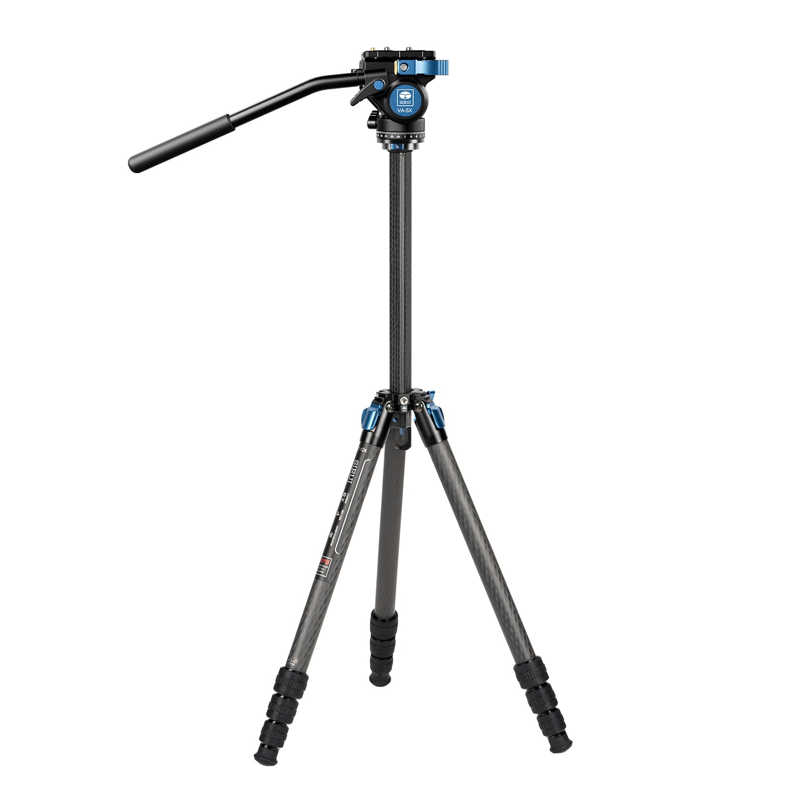 SIRUI ST-124+VA-5 Carbon Fiber Tripod with Fluid Video Head - 62.2 Inch Professional Camera Tripod with Triangular Center Column, 4-Section Waterproof Design, 6.61lbs Load Capacity for DSLR, Mirrorless Cameras - Perfect for Travel, Outdoor Photography & Video Shooting