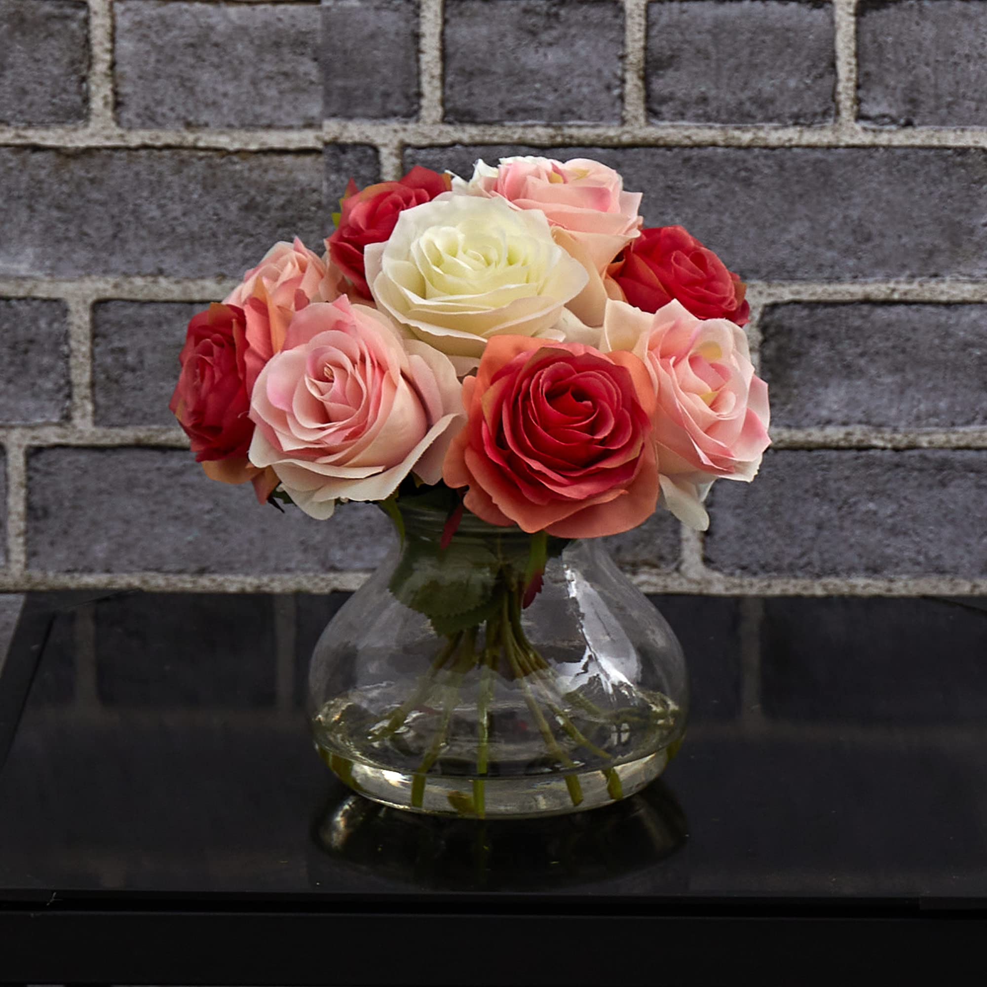 Nearly Natural Rose Arrangement with Vase - Artificial Silk Roses in Decorative Vase for Home Decor, Wedding Centerpiece, Office Desk Decor