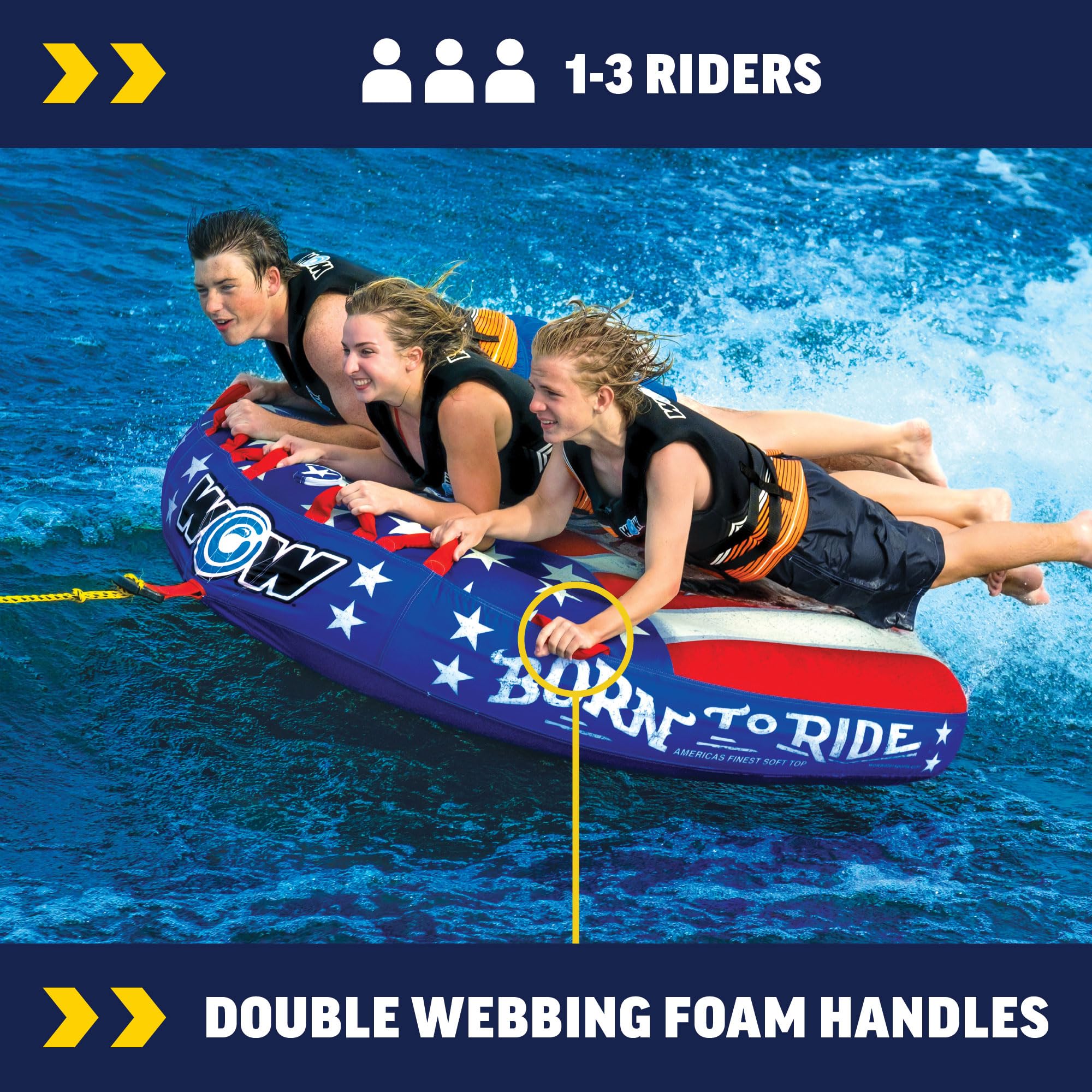 WOW Sports Wow Born to Ride 3P Towable Tube - Premium 3-Person Inflatable Water Tube for Boating & Lake Fun - Perfect for Family Outings, Beach Parties & Summer Water Sports
