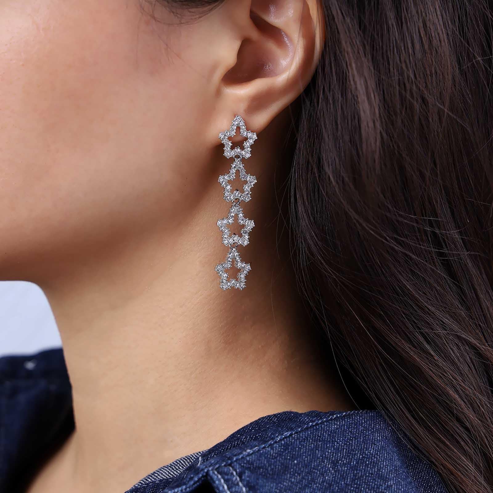 Boho Crystal Star Drop Earrings for Women - Long Rhinestone Dangle Earrings with Sparkly Silver Hollow Star Design | Perfect for Parties, Weddings, and Boho Fashion Accessories
