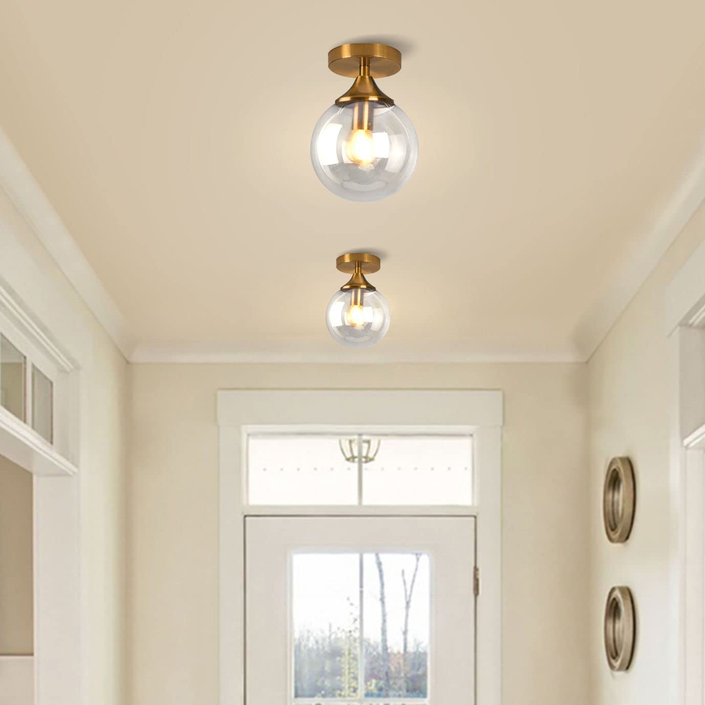 KCO Lighting Brushed Gold Flush Mount Ceiling Light - Small Hallway & Bathroom Fixture with Bubble Glass Globe - Mid Century Modern Design for Home, Apartment & Office Lighting