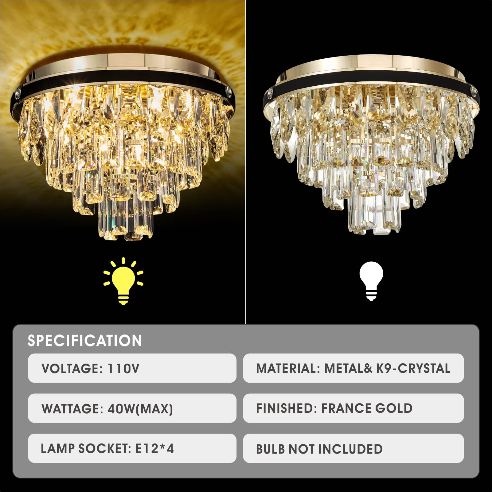 Crystal Chandelier Flush Mount Ceiling Light Fixture - 4-Light Modern Chandelier with Premium Crystals for Hallway, Bedroom, Dining Room & Kitchen (9.84'' H x 13.78'' W) - Elegant Lighting for Home Decor & Special Occasions