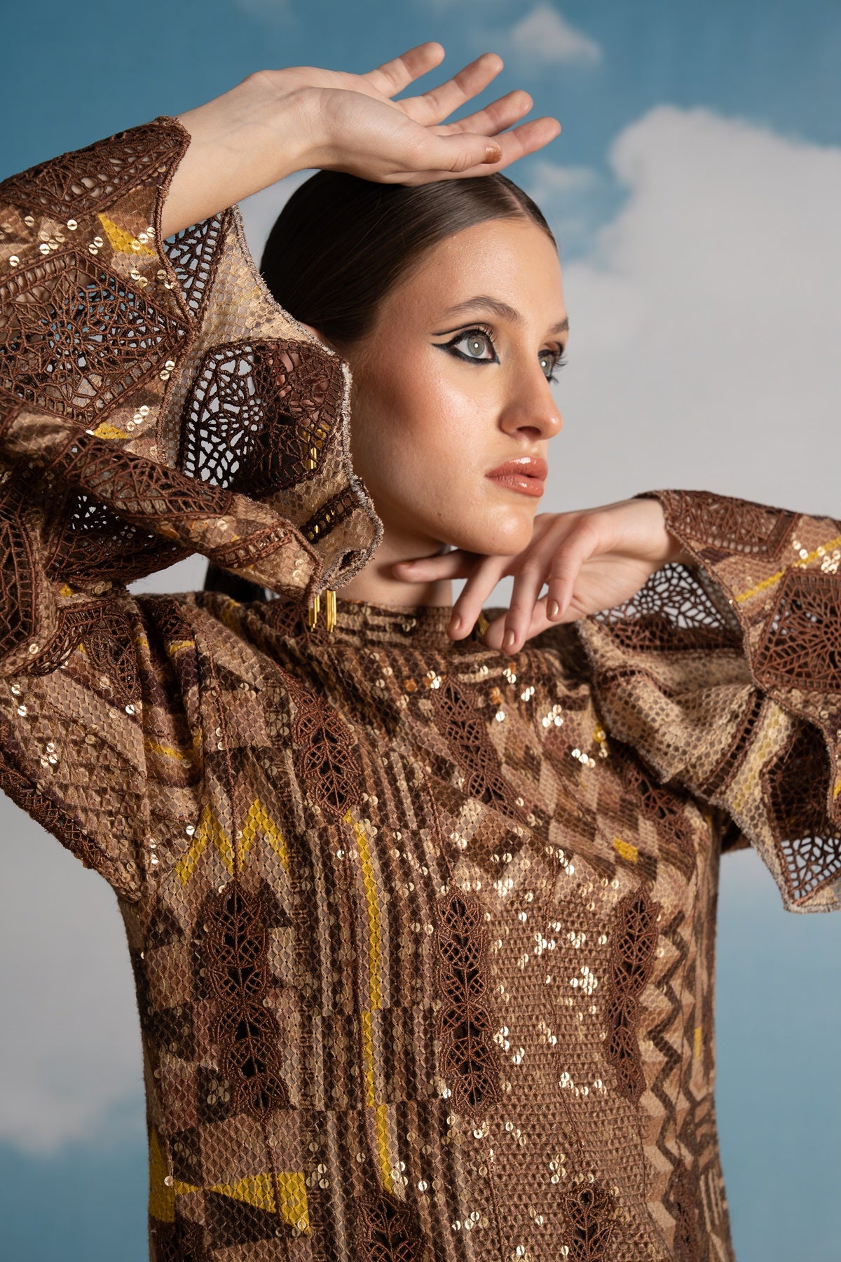 Elegant Brown Sequin Embroidered Dress with Cutwork Detail - Perfect for Evening Parties, Prom, and Special Occasions
