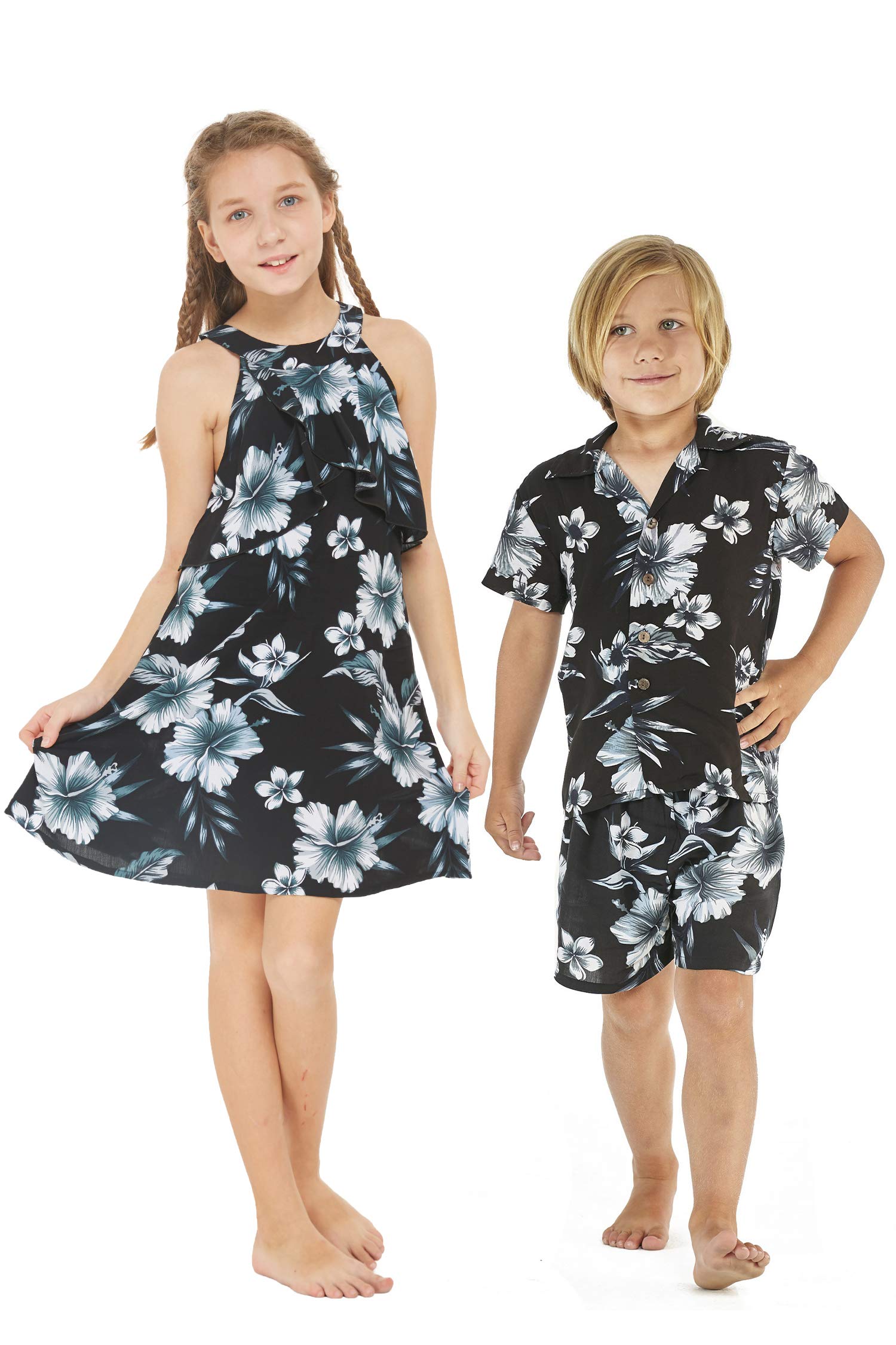 Matching Hawaiian Luau Outfits for Siblings - Tropical Floral Print Boy & Girl Aloha Shirts and Dresses | Perfect for Family Beach Vacations, Summer Parties, and Luau Themed Events