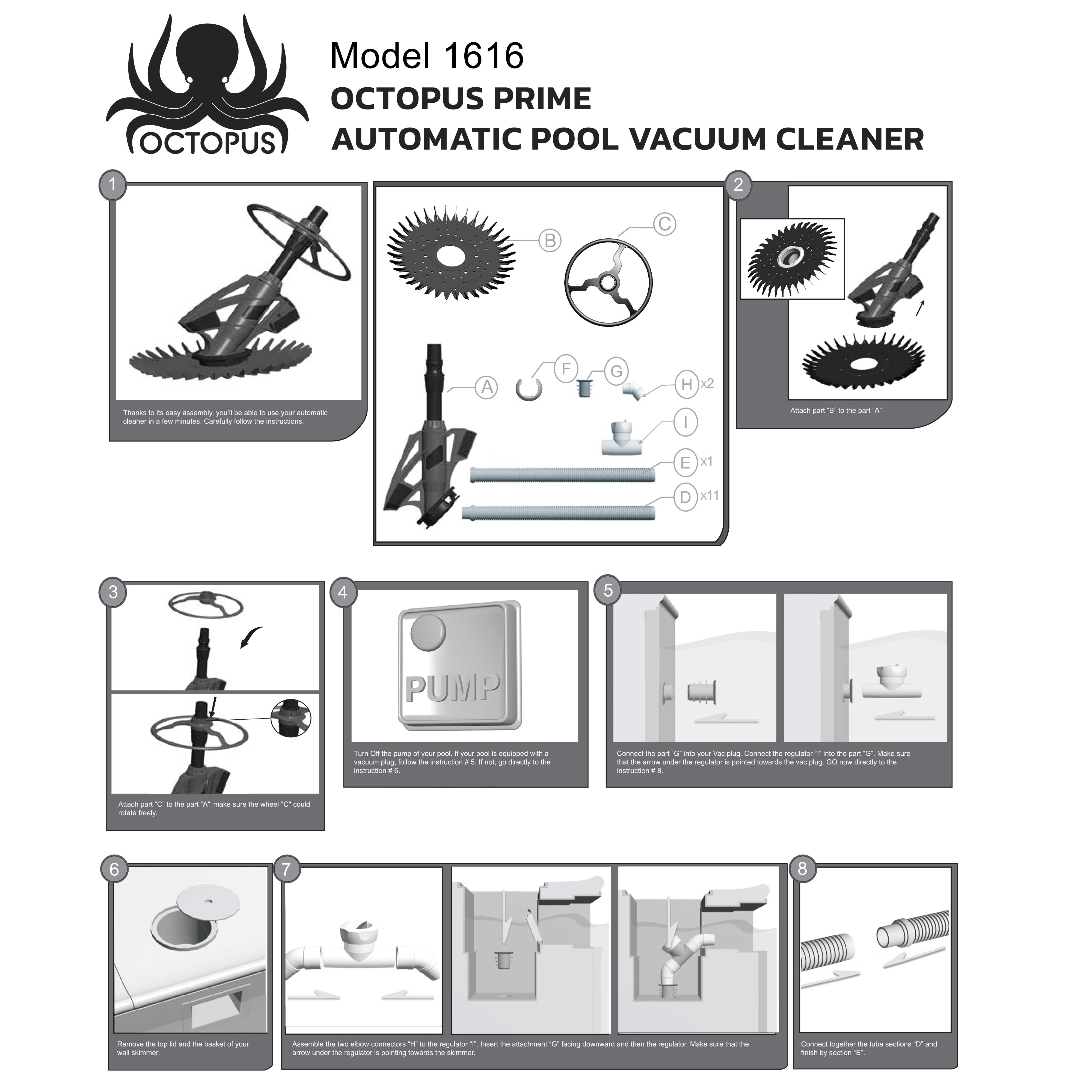 Octopus Prime Automatic Pool Vacuum Cleaner with Hose Set - Powerful Suction for In-Ground & Above Ground Pools - Removes Leaves, Dirt & Debris from Floors, Walls & Steps - Ideal for Backyard, Residential & Commercial Swimming Pools