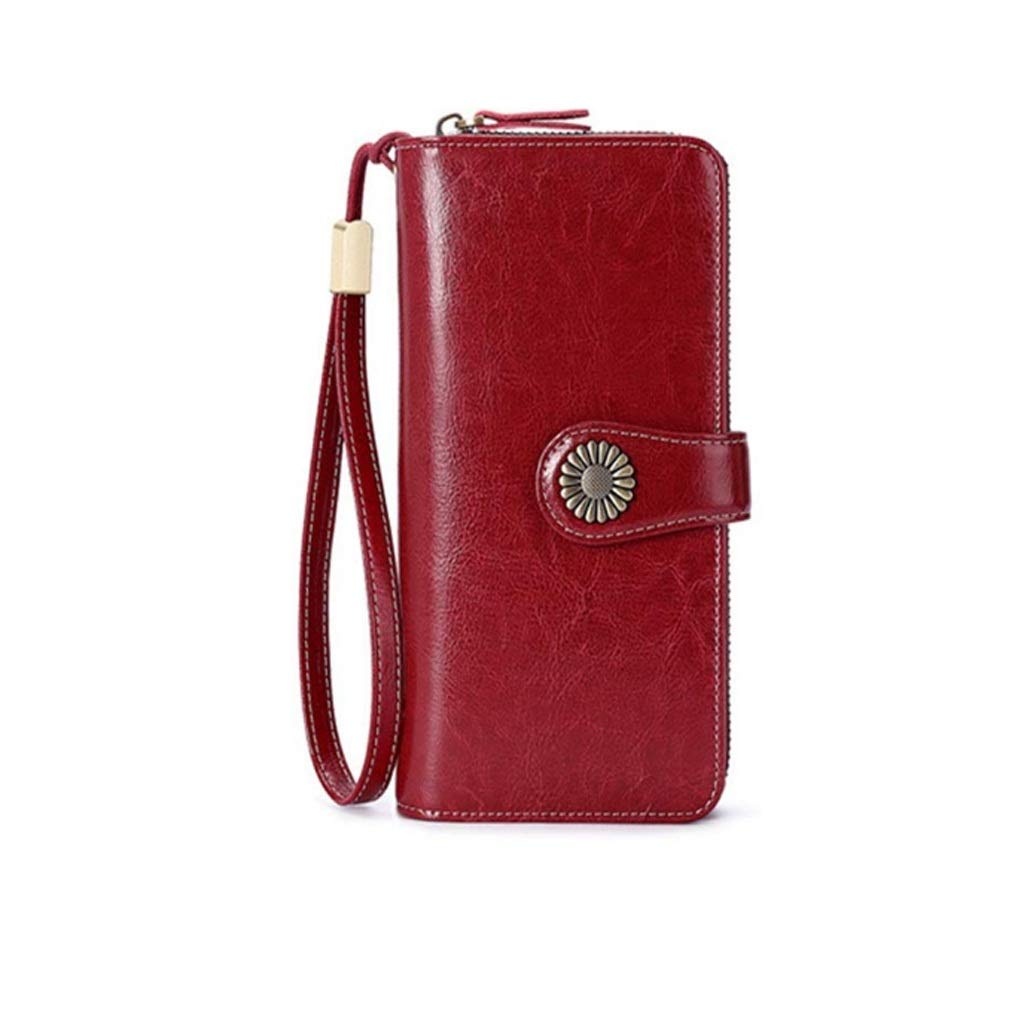Women's Jet Travel Plain Bifold Leather Wallet - Large Capacity RFID Blocking Zip Clutch with Wristlet - Perfect for Travel, Shopping & Everyday Use (Red)