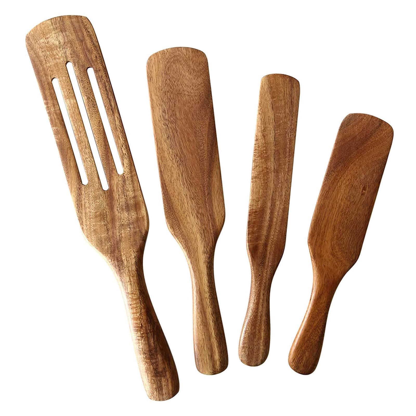 4-Piece Long Handle Wooden Rice Spatula Set - Solid Wood Cooking Spoon for Rice, Paint, Wax & Cleaning - Perfect for Kitchen, Dining & Bar - Ideal for Stirring, Serving & DIY Projects