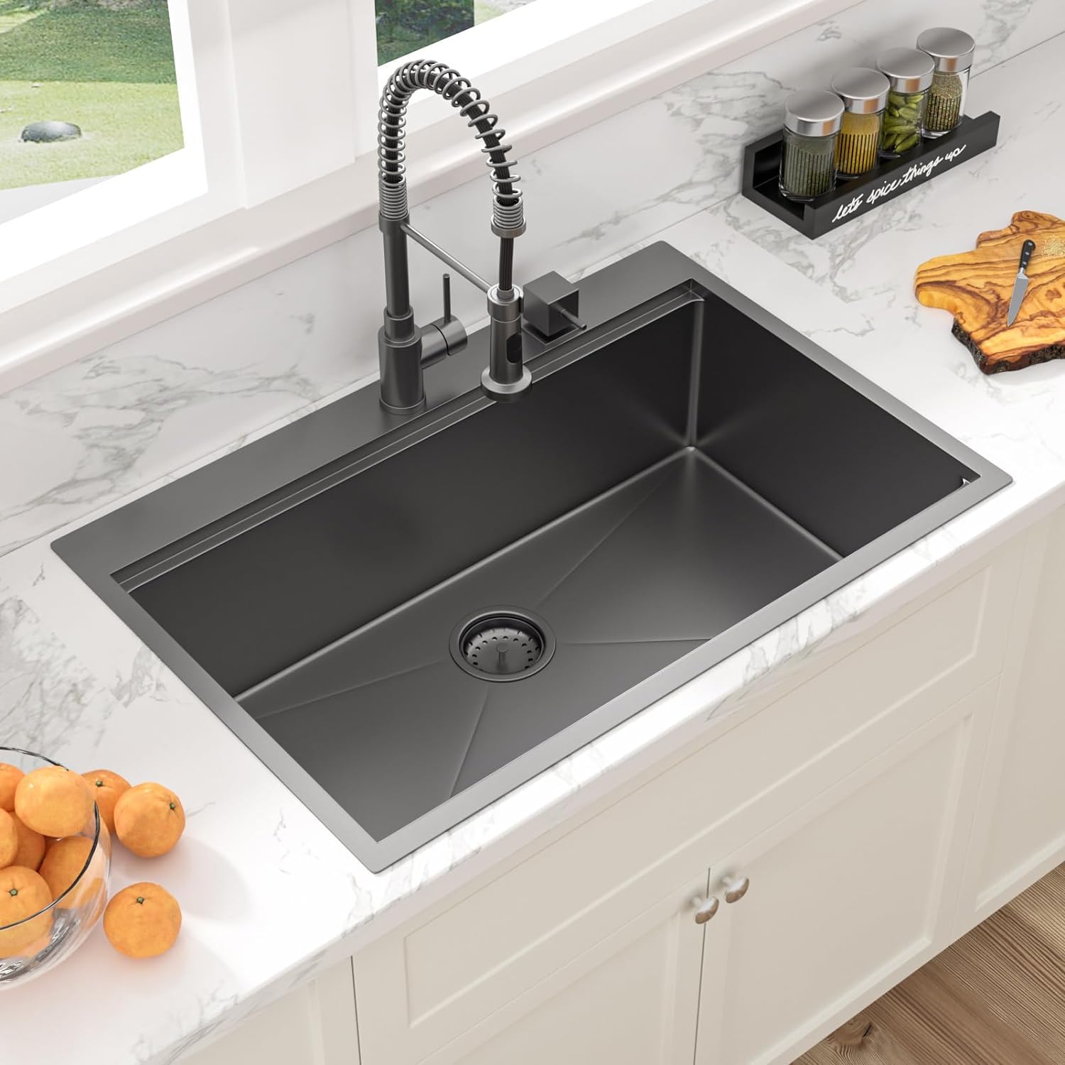 33 Inch Black Drop-In Kitchen Sink Workstation - 16 Gauge Stainless Steel Topmount Sink with Deep Single Bowl | Perfect for Food Prep, Dishwashing & Small Kitchen Spaces