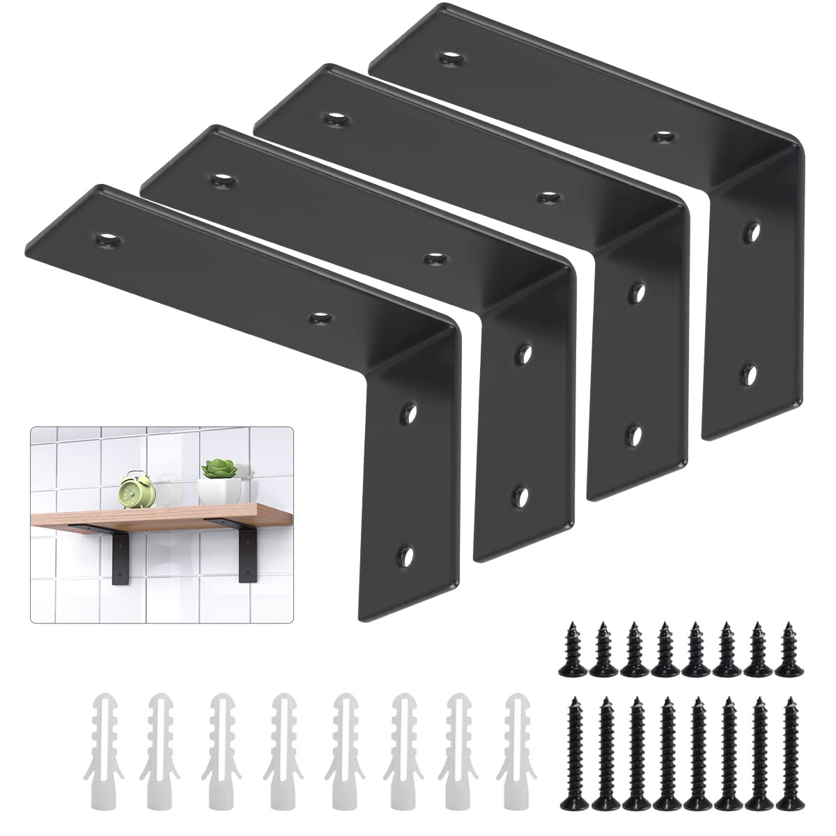 YUMORE Heavy Duty L Brackets 5x3x1.8 Inch - Stainless Steel Wall Mount Shelf Brackets for Floating Shelves, Industrial Farmhouse Decor - Includes Hardware, Rustic Black (Pack of 4) - Perfect for Kitchen, Bathroom, Garage & Home Organization
