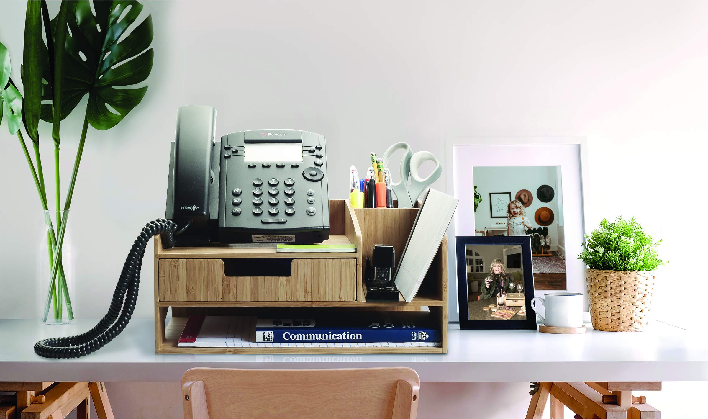 MobileVision Bamboo Phone Stand with Drawer, Paper Tray & Pen Holder - Office Organizer for Pens, Scissors, Staplers, Notepads & Business Cards | Perfect Desk Accessory for Home & Office Workspace