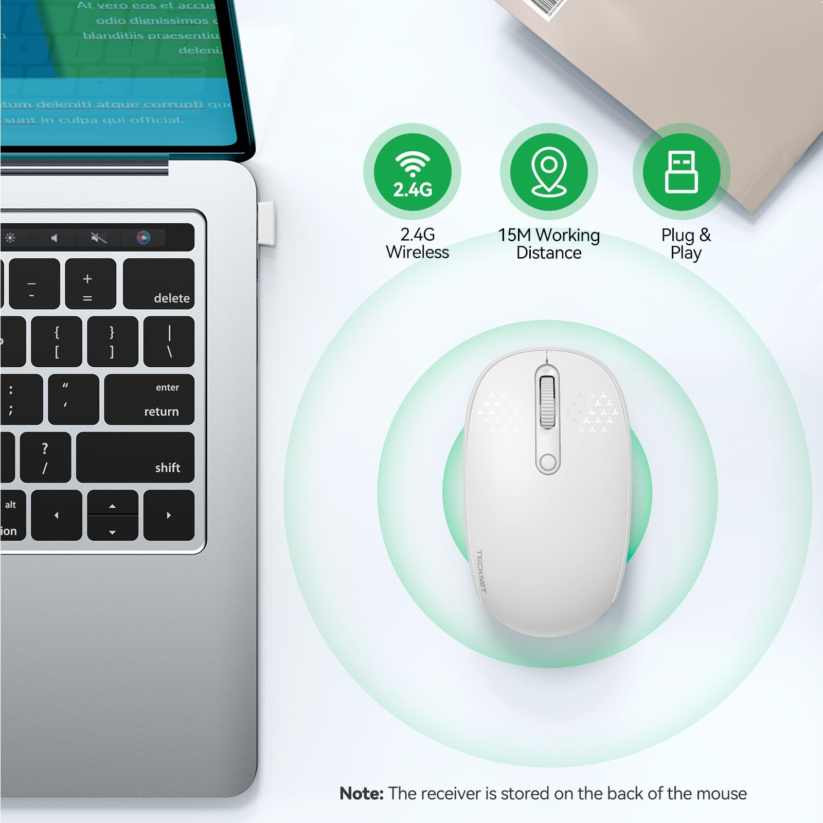TECKNET 2.4G Wireless Quiet Mouse for Laptop, PC, Mac, Chromebook - 4 Buttons, USB Receiver, 800/1200/1600 DPI, Portable Cordless Design - White | Ideal for Office, Home, and Travel Use