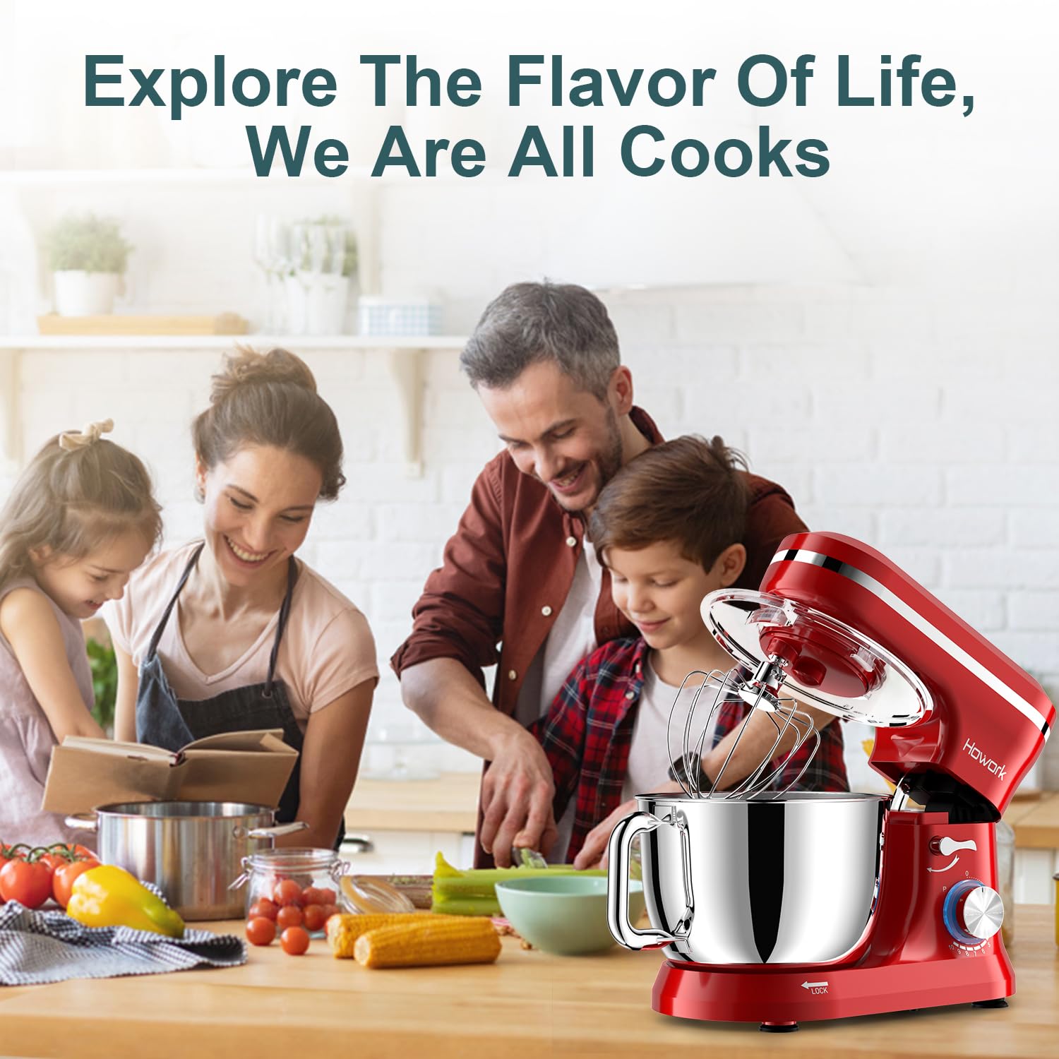 HOWORK 6.5QT Stand Mixer - 10+ Speed Electric Kitchen Mixer with Stainless Steel Bowl, Dough Hook, Wire Whip & Beater - Perfect for Baking, Cooking & Meal Prep - Ideal for Home Bakers & Cooking Enthusiasts (Bright Red)