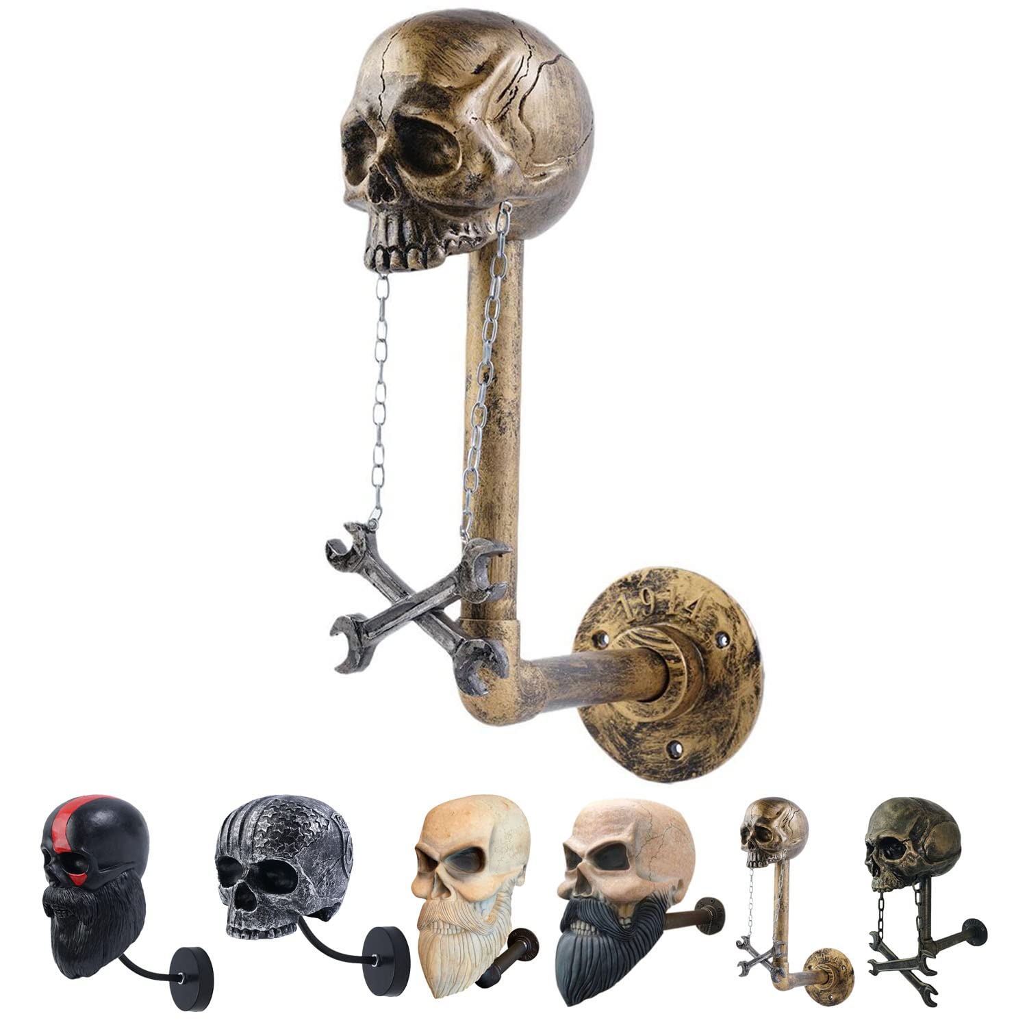Skull Helmet Rack - Motorcycle Wall Mount Holder & Resin Ghost Head Decor - Detachable Wall Bracket for Helmets, Hats, Coats, Baseball & Rugby Gear - Perfect for Man Cave, Garage & Gothic Home Decor