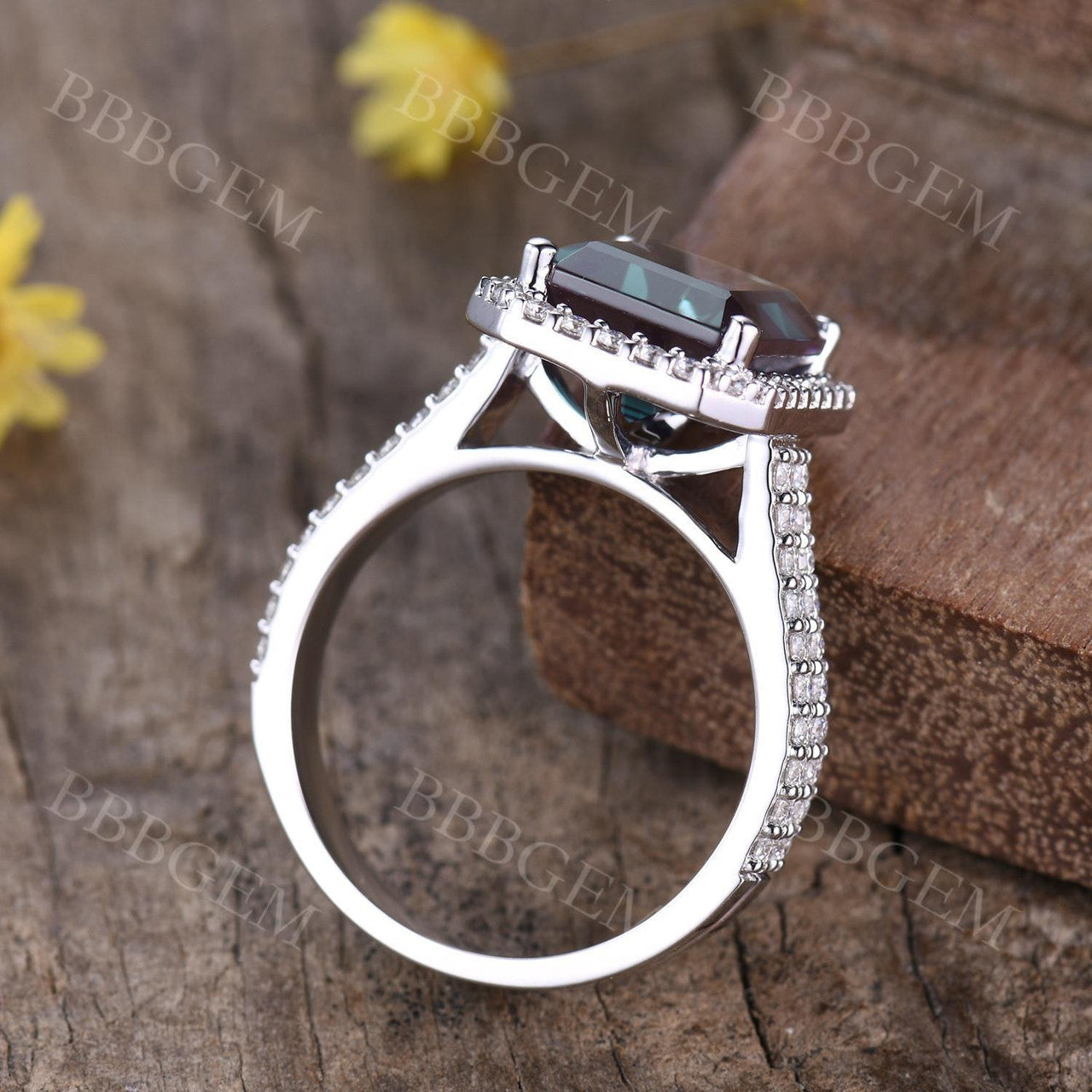 5 Carat Emerald Cut Alexandrite Engagement Ring - Cubic Zirconia Halo Ring in 14K White Gold - Perfect for Wedding, Proposal & Anniversary Gifts