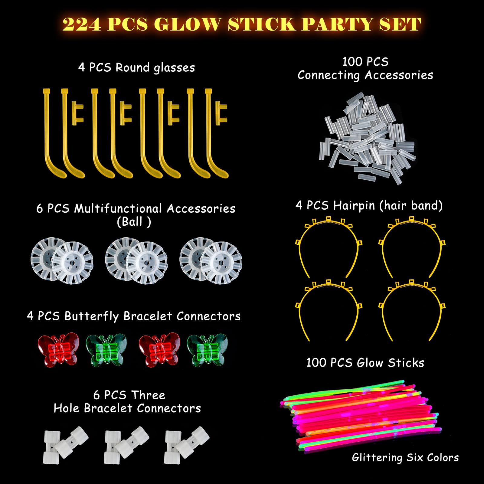 224PCS Glow Sticks Party Pack - Glow Stick Bracelets & Necklaces for Kids & Adults - Neon Glow in the Dark Party Supplies - Perfect for Birthday, Rave, Halloween & Night Events