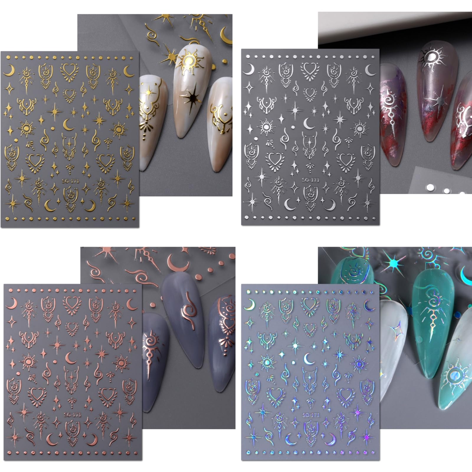 12 Sheets 3D Self-Adhesive Star Nail Art Stickers - Silver Aurora & Gold Moon Nail Decals for Women | Nail Art Design & Decoration Accessories | Perfect for Parties, Weddings, and Special Occasions
