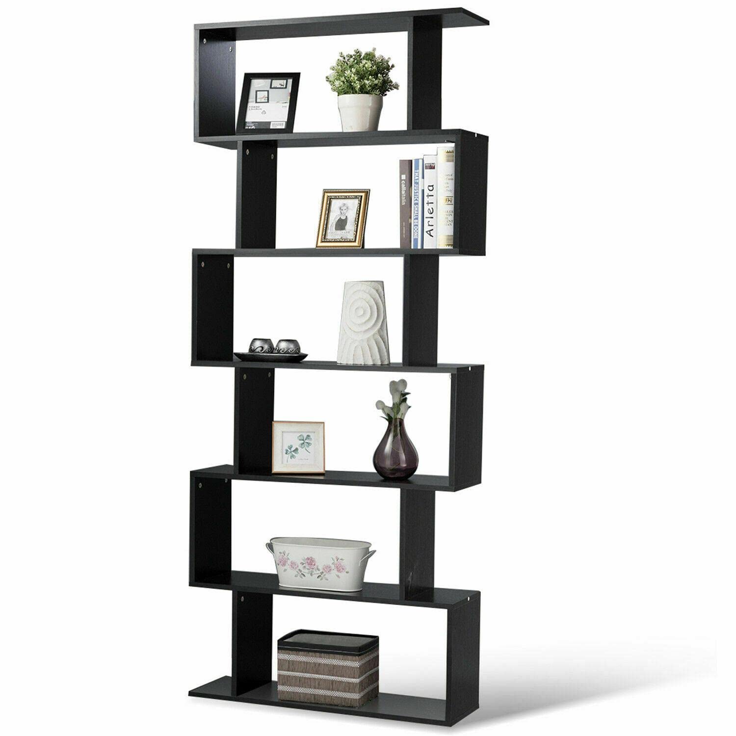 6 Tier S-Shaped Bookcase - Modern Z-Shelf Storage Display for Books, Magazines & Closet Organization - Black | Perfect for Living Room, Bedroom & Office Storage Solutions