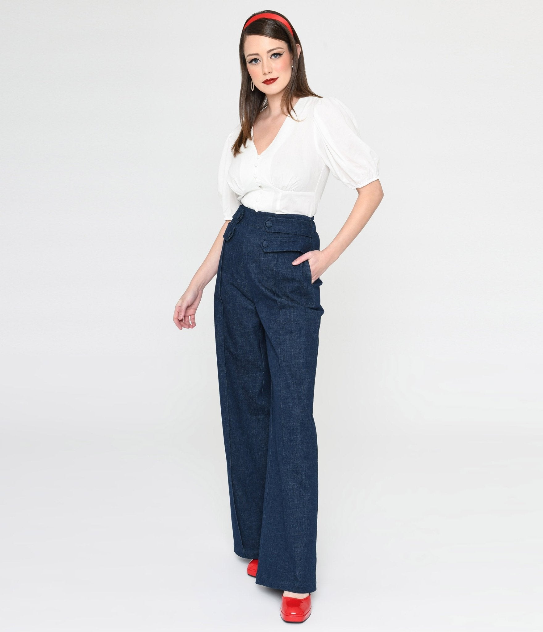 Vintage 1940s High Waist Wide Leg Denim Jeans for Women - Retro Tab Pants with Button Fly - Perfect for Casual Outfits, Themed Parties & Vintage Fashion Lovers