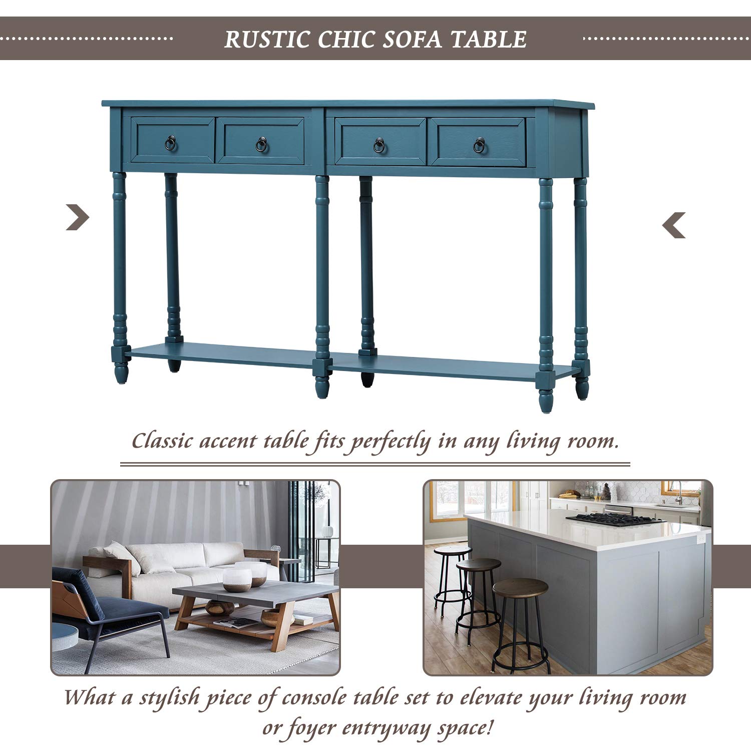Polibi Rustic Entryway Console Table with 2 Storage Drawers & Open Shelf - Easy Assembly Sofa Table for Living Room, Hallway, Foyer - Antique Navy Finish for Farmhouse & Coastal Decor