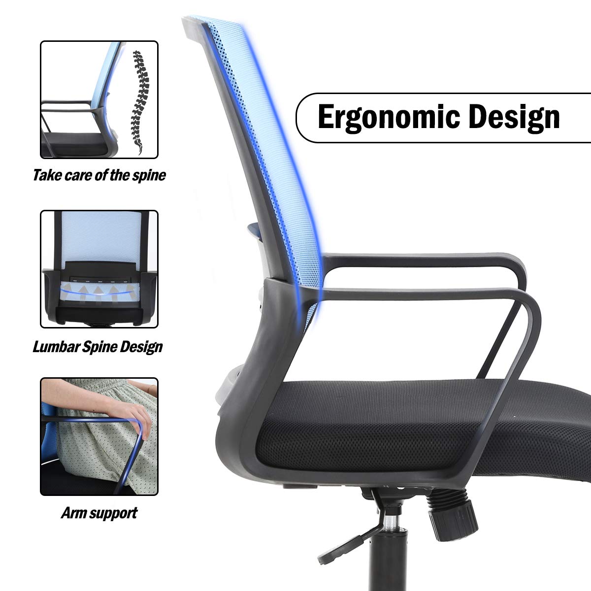 Ergonomic Office Chair - Adjustable Height Mesh Computer Desk Chair with Lumbar Support & Armrests - Modern Swivel Task Chair for Women & Men - Home Office, Gaming & Workspace (Blue)