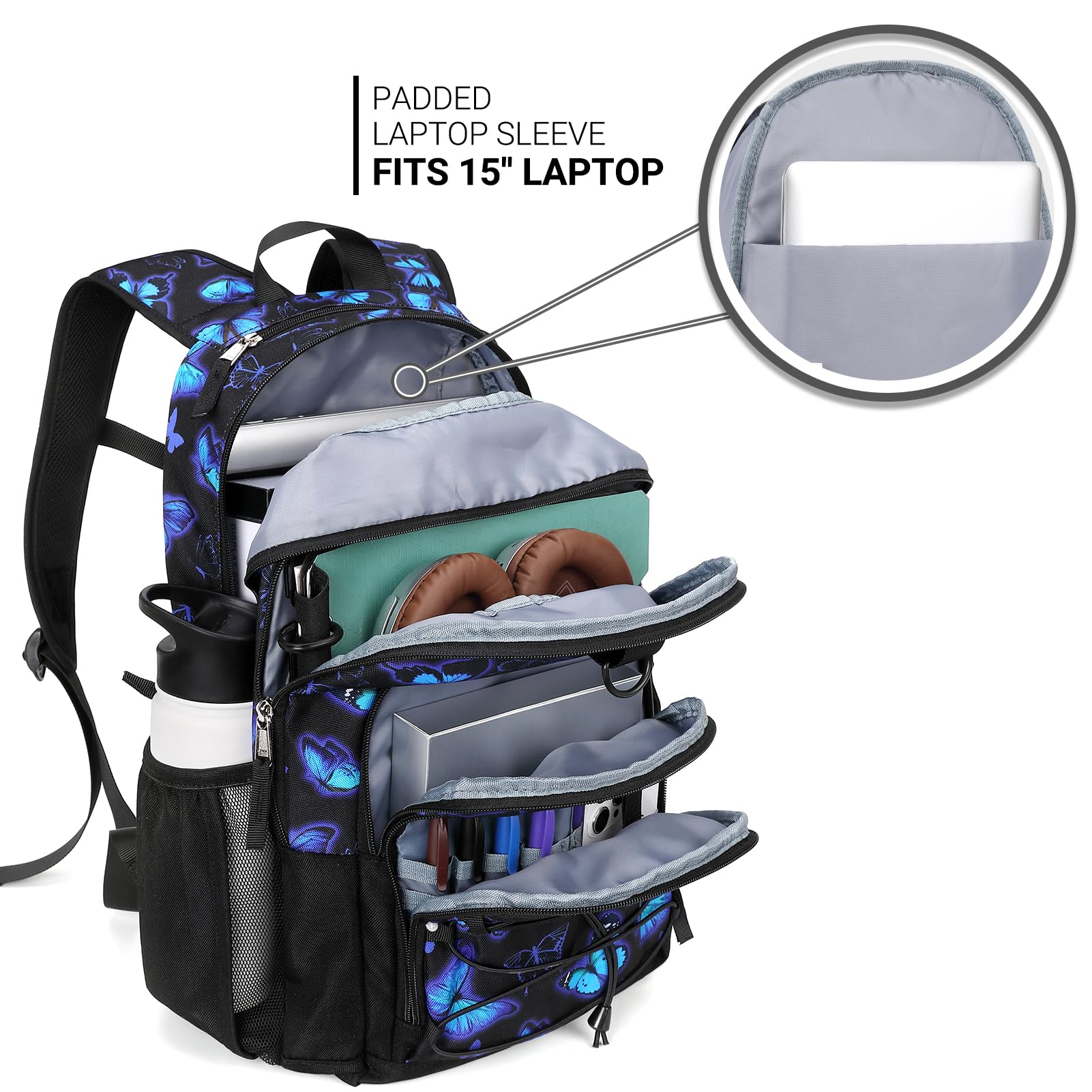 ZORFIN Kids Backpack for School & Travel - Multi Compartment Bookbag for Girls & Boys (Butterfly Black) - Perfect for Daily Use, Classroom, Outdoor Adventures & Weekend Trips