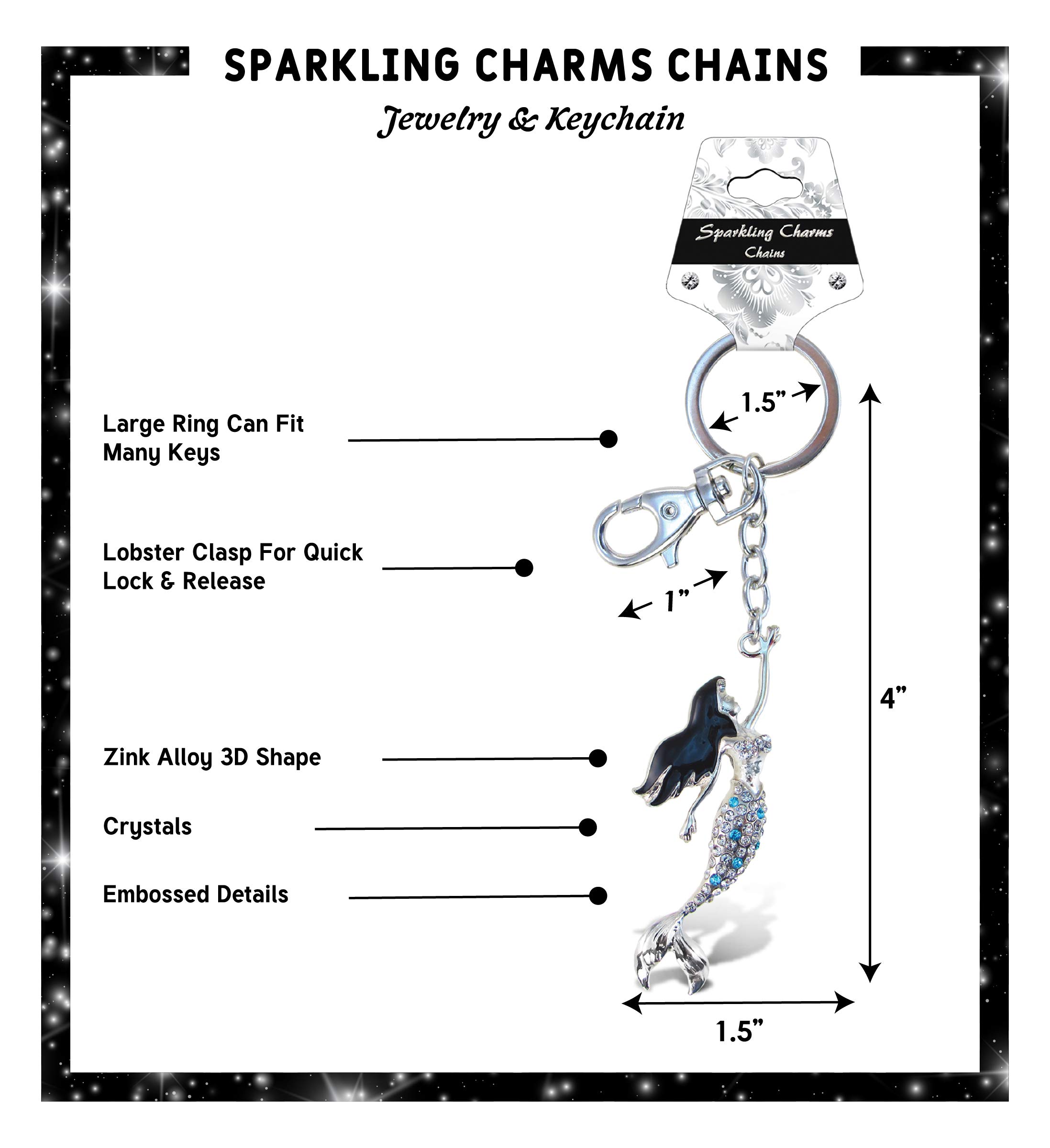 Aqua79 Mermaid Keychain - Silver 3D Sparkling Charm Rhinestone Keyring, Fashionable Alloy Jewelry Accessory with Clasp, Perfect for Gifts, Purse Decor & Backpack Accessories