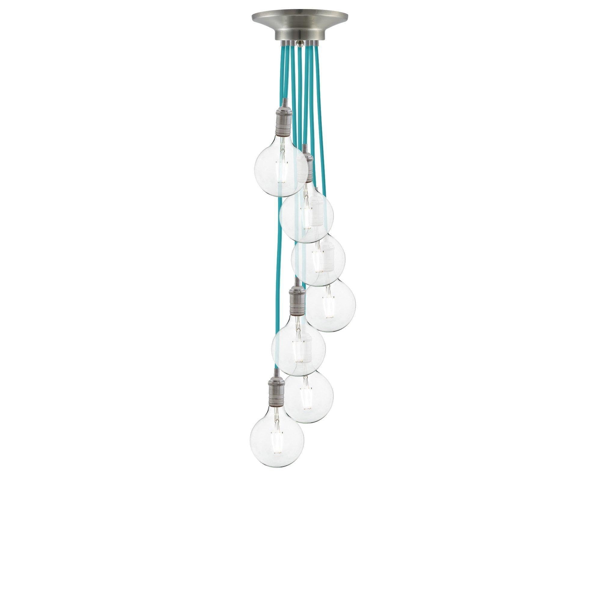 Vintage Nickel & Turquoise 7-Light Chandelier - Blue and Silver Crystal Pendant Ceiling Light Fixture for Dining Room, Bedroom, or Foyer Decor