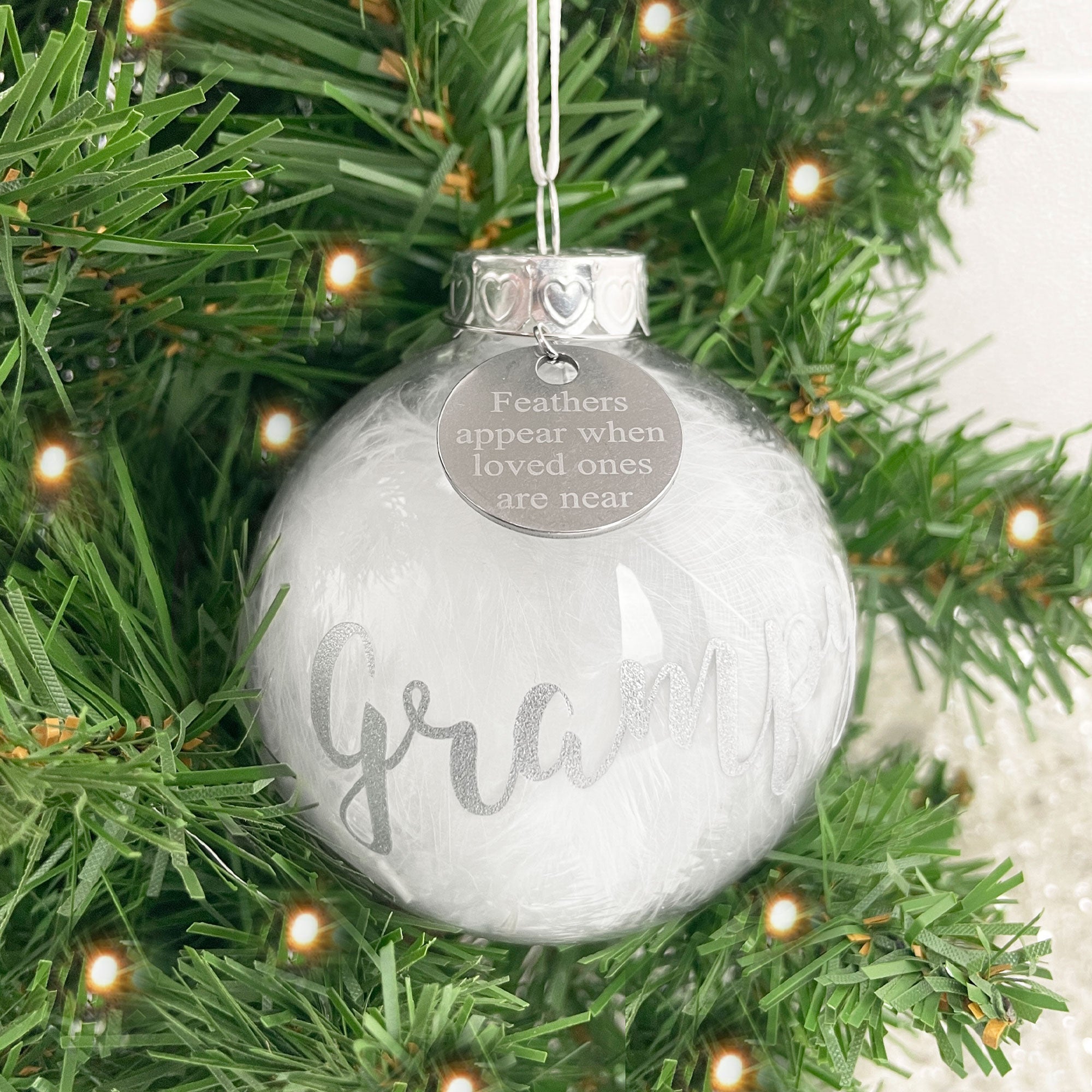 Personalized White Feather Filled Glass Memorial Ornament with Engraved Charm - Perfect for Christmas Tree Decor, Sympathy Gift, or Keepsake for Loved Ones