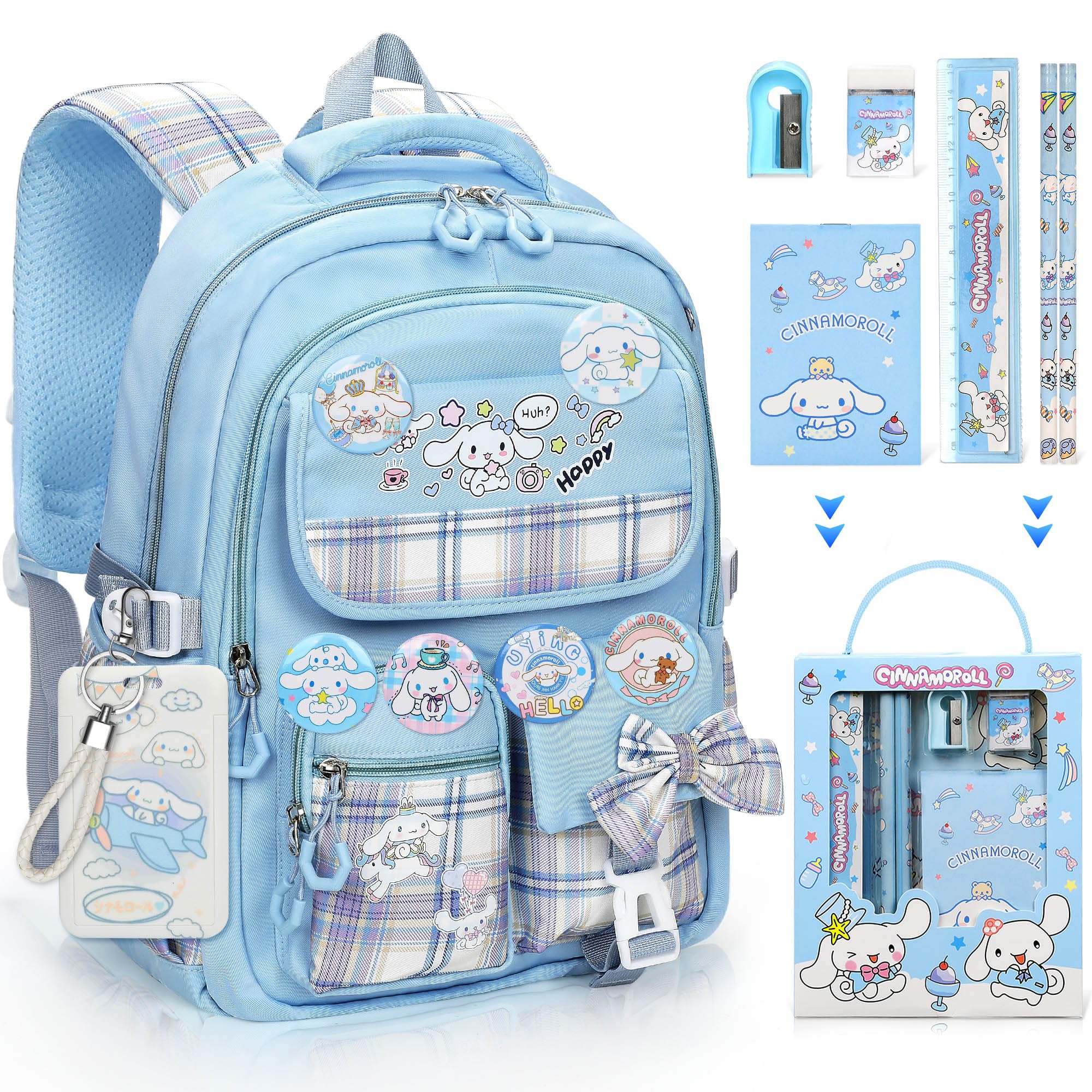 Anime School Backpack for Girls with 14Pcs Accessories - Anti-Theft Laptop Bookbag for Travel & School (Blue)