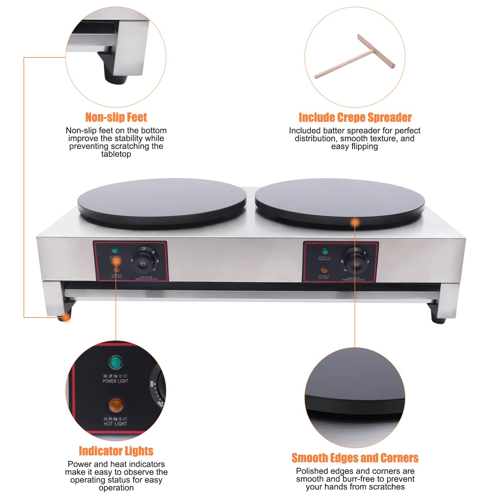 16 Inch Commercial Electric Crepe Maker with Double Nonstick Pans - Adjustable Temperature Pancake Griddle for Crepes, Blintzes, Eggs & Tortillas - Perfect for Restaurants, Cafes and Home Breakfast Cooking