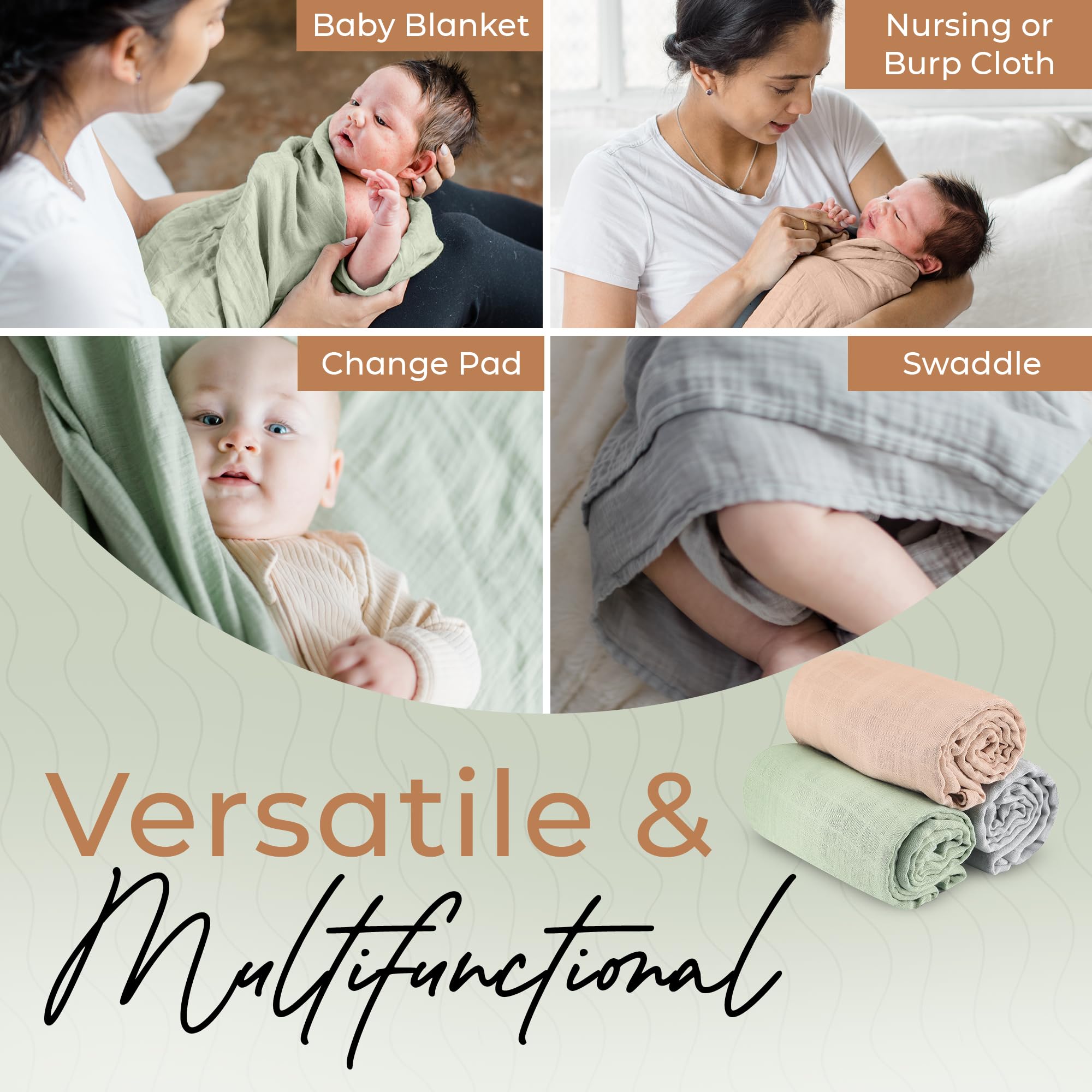 Fern & Avery Baby Swaddle Blankets - Soft Breathable Receiving Blankets for Newborns (3-Pack, Sage Green) - Perfect Baby Shower Gift for Boys & Girls - Ideal for Swaddling, Nursing & Tummy Time
