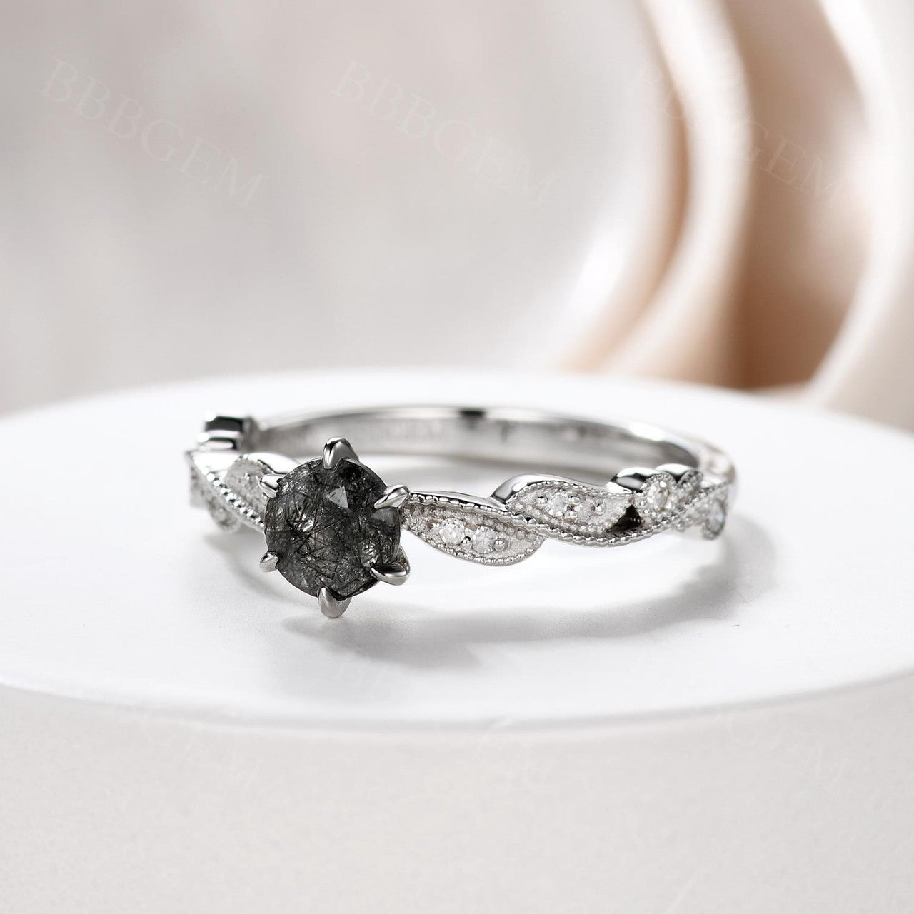 Natural Black Rutilated Quartz Engagement Ring with Diamond Accents - Elegant Wedding Band for Women, Perfect for Proposals, Anniversaries & Special Occasions