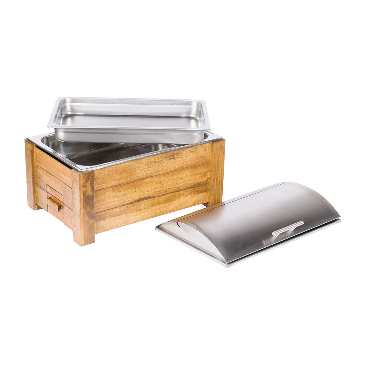 Cal Mil 3429-99 Madera Chafer - 8 Quart Stainless Steel Buffet Server with Wooden Base | Perfect for Catering, Buffets & Keeping Food Warm at Parties