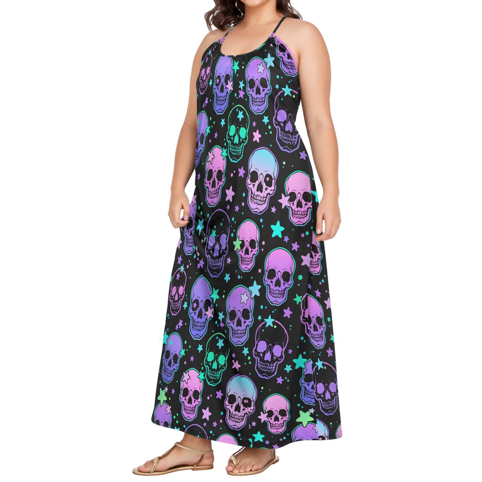 MNSRUU Women's Skull Rose Print Sexy Summer Beach Slip Dress - Gothic Floral Sleeveless Maxi Dress for Women, Perfect for Beach Vacation, Party, and Casual Outings