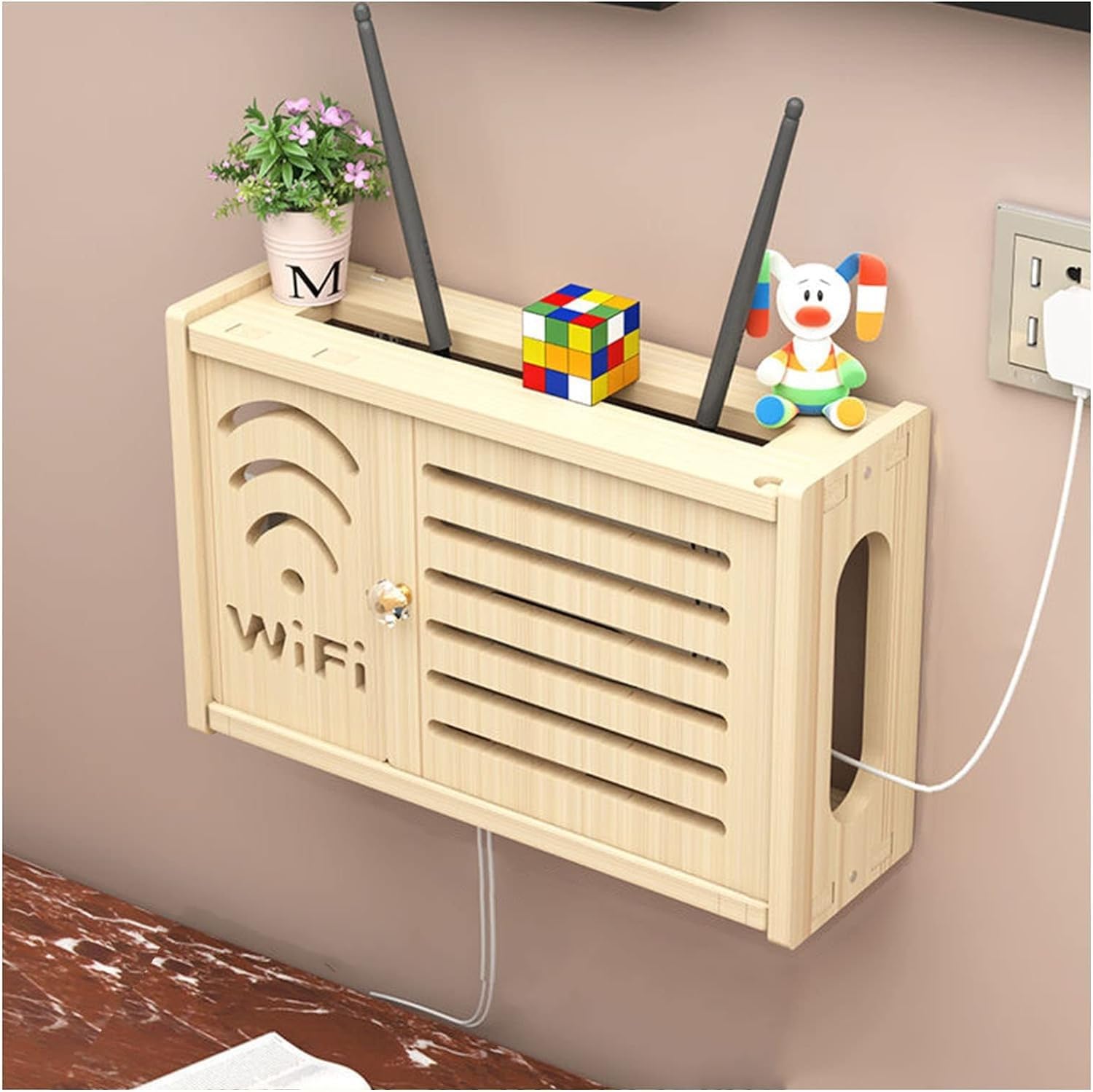 WiFi Router Wall Mount Storage Box - Decorative Wireless Router Organizer & Hider with L-Shaped Shelf - Perfect for Home Office, Living Room & Bedroom Network Setup