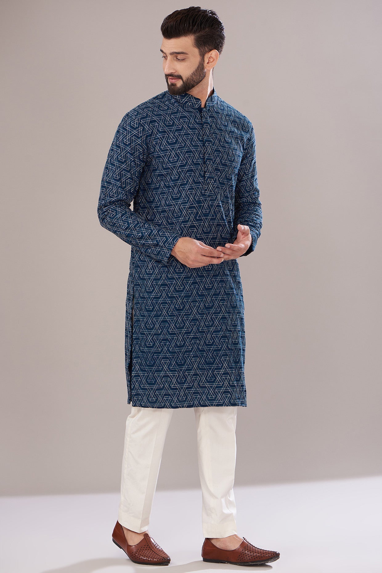 Navy Blue Silk Embroidered Kurta for Women - Elegant Handmade Indian Traditional Dress for Parties & Weddings | Perfect for Festive Occasions, Cultural Events & Special Celebrations