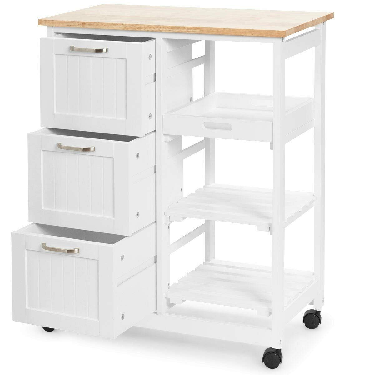 3-Tier Rolling Kitchen Island Cart with Wheels & Storage Drawers - Industrial Wood Serving Cart, Mobile Storage Cabinet for Kitchen, Dining Room, or Bar - White