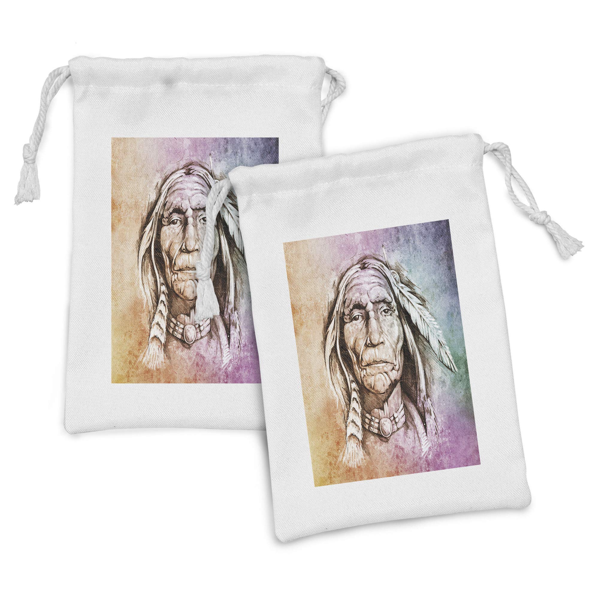 Ambesonne 2-Pack Colorful Fabric Drawstring Pouches - Watercolor Chief Feather Band Design, 9