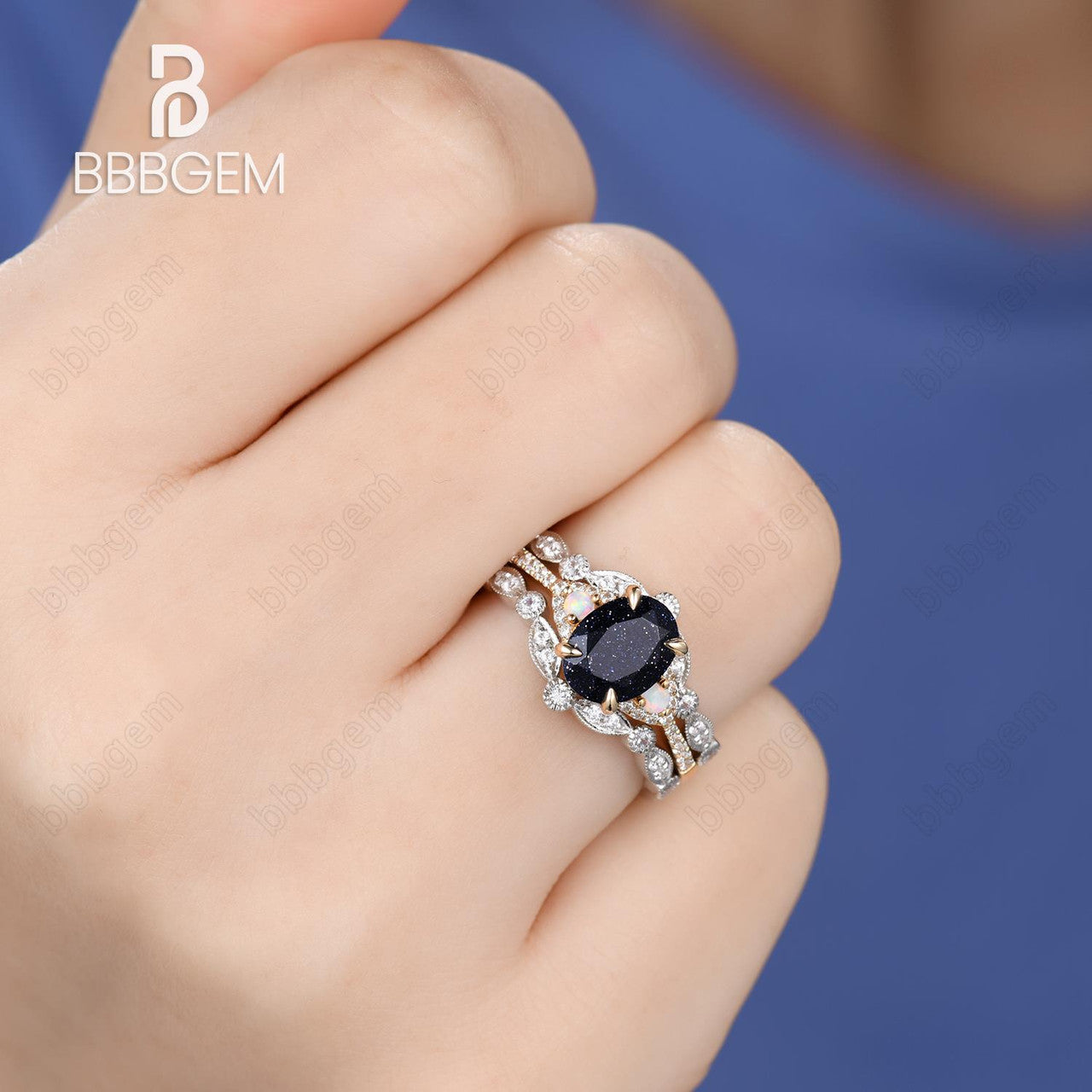 Three Stone Oval Blue Opal Wedding Ring Set in 14k White & Yellow Gold with Diamond Guard Ring Enhancer – Elegant Stackable Bridal Jewelry for Engagement, Anniversary & Special Occasions