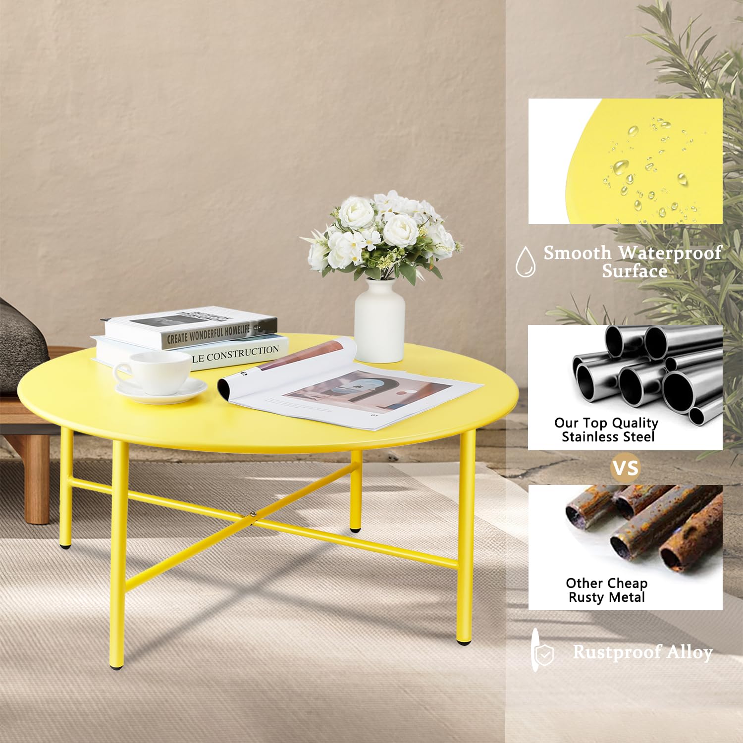 **Weather-Resistant Round Steel Patio Coffee Table - Indoor & Outdoor Use, Anti-Rust & Waterproof Large Side Table for Garden, Living Room, Bedroom, Balcony (Yellow) - Perfect for Relaxing, Entertaining & Outdoor Dining**