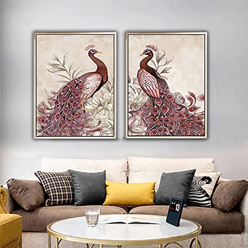Peacock Framed Wall Art - 2 Panels Canvas Pink Peacock Tail Feather with Flowers Painting, Animal Wall Décor for Living Room, Bedroom, Bathroom & Farmhouse - Perfect for Home Decor, Housewarming Gifts & Office Wall Art (24