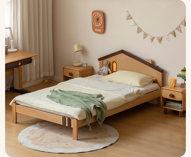 Kids Wooden Bed with Night Light - Beech & Poplar Little House Design with 15-Minute Auto Light Off - Perfect for Bedrooms, Playrooms & Cozy Sleep Spaces