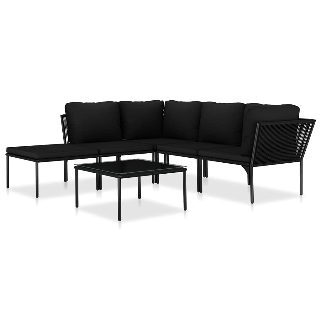 6-Piece Black PVC Wicker Patio Conversation Set with Cushions, Outdoor Sectional Sofa & Glass Coffee Table - Perfect for Garden, Poolside & Backyard Relaxation