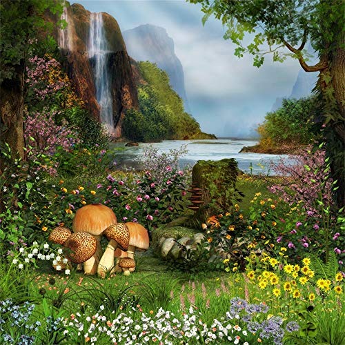 Baocicco 4x4ft Fantasy Photography Backdrop - Enchanted Fairyland Landscape with Waterfall, Green Grass & Wild Flowers | Perfect for Wedding, Birthday, Kids Tea Party, Princess Portraits & Sprite Themed Events