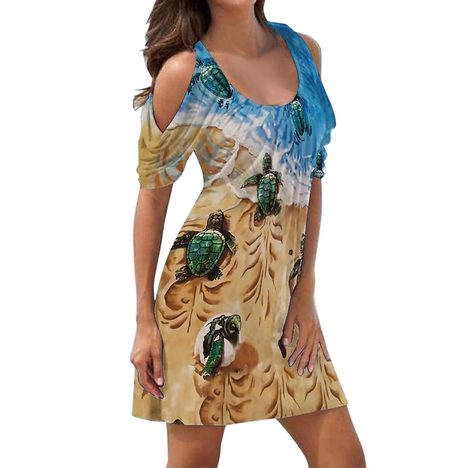 Women's Petite Sundress - Vintage Cold Shoulder Boho Mini Dress with Short Sleeves | Casual Beachwear for Summer Vacations, Pool Parties & Outdoor Festivals