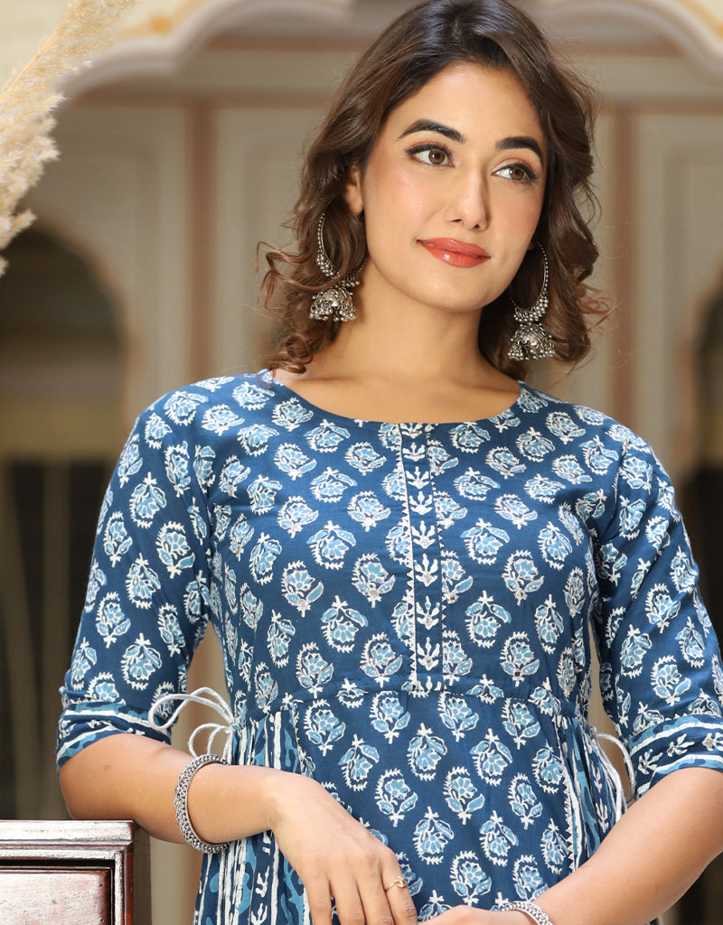 Elegant Blue Cotton Designer Gown with Embroidery & Mirror Work Details - Ready to Wear Formal Dress for Parties, Weddings & Special Occasions